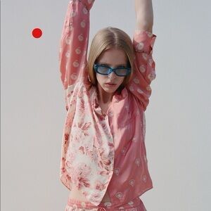 Zara satin floral and embroidered button down blouse size small